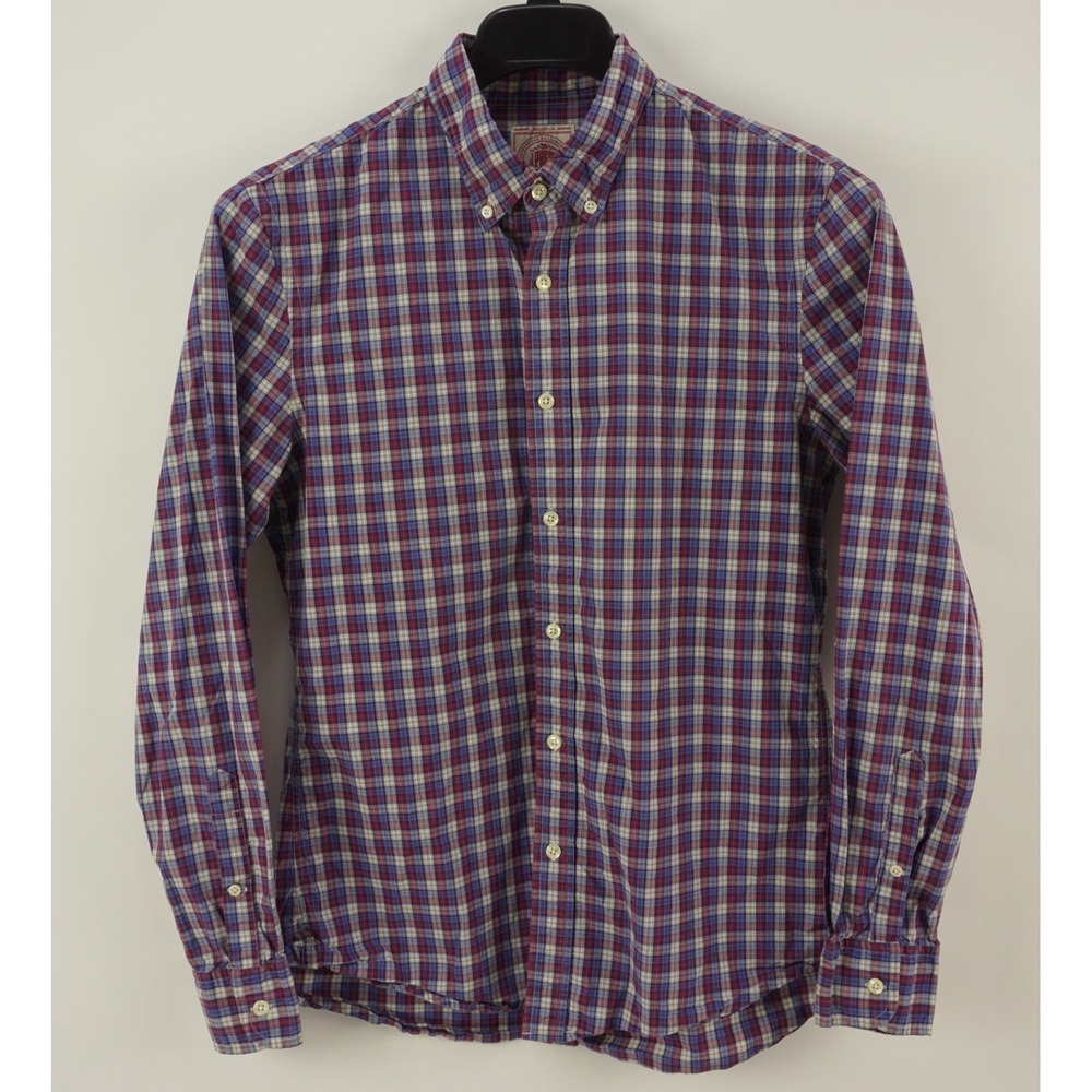 J.Press Men's Medium Long Sleeve White Red Blue Plaid Cotton Button Down Shirt